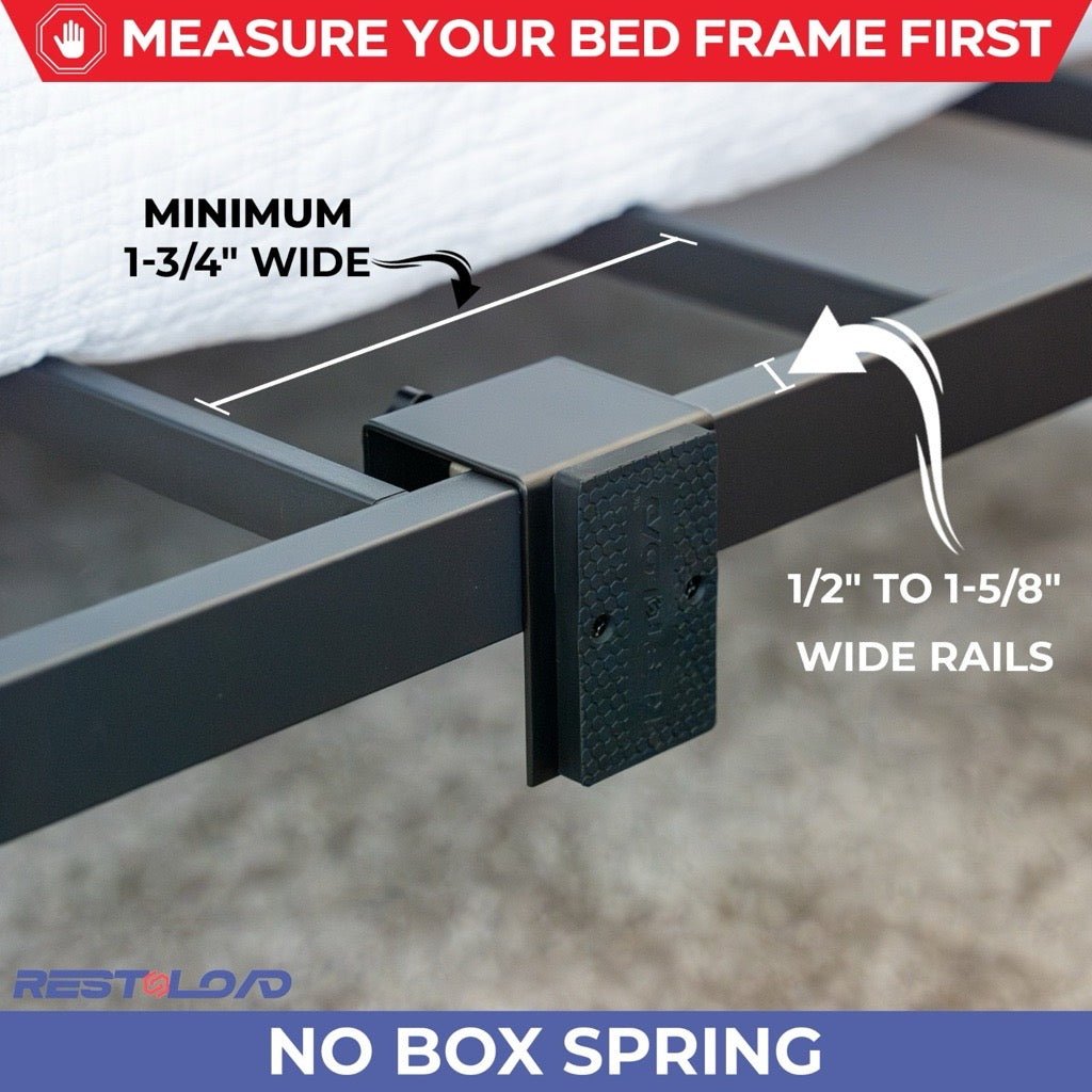 Close-up view showing RESTNLOAD platform bed gun magnet mount that can be installed securely on rectangular bed frame for bedside pistol holster setup.