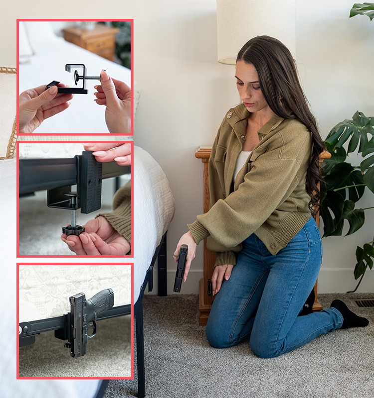 Demonstration of magnetic gun mount for standard box bed frame – no tools needed to install this Bedside Gun Holster.