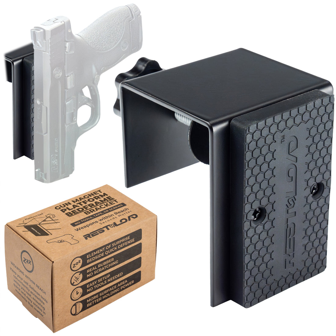 Close-up view showing RESTNLOAD platform bed gun magnet mount that can be installed securely on rectangular bed frame for bedside pistol holster setup.