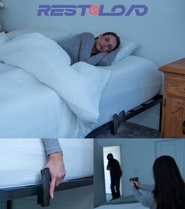 Woman demonstrating bedside gun holster installation on standard steel bed frame using RESTNLOAD magnet mount
