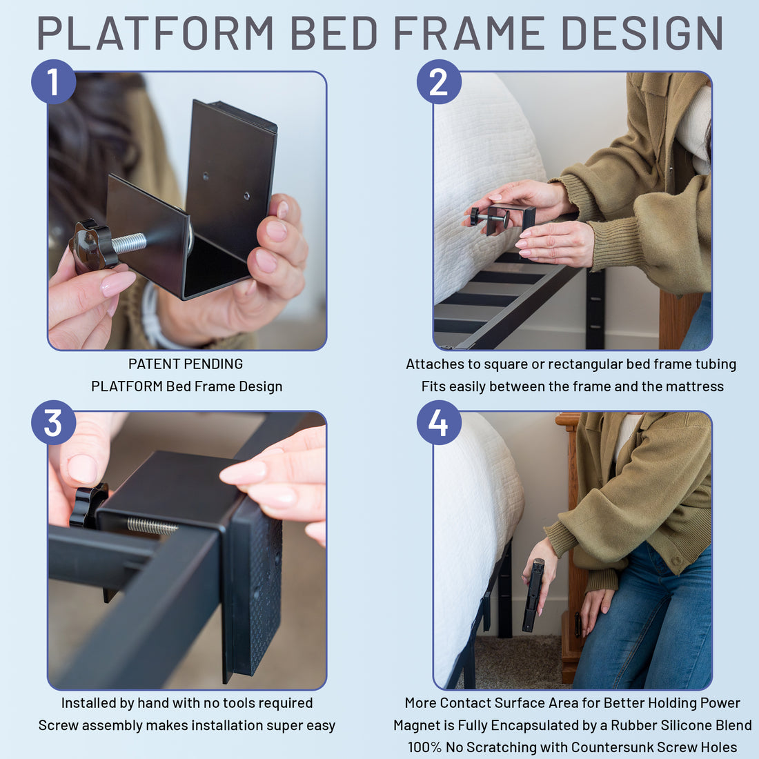 Close-up view showing RESTNLOAD platform bed gun magnet mount that can be installed securely on rectangular bed frame for bedside pistol holster setup.