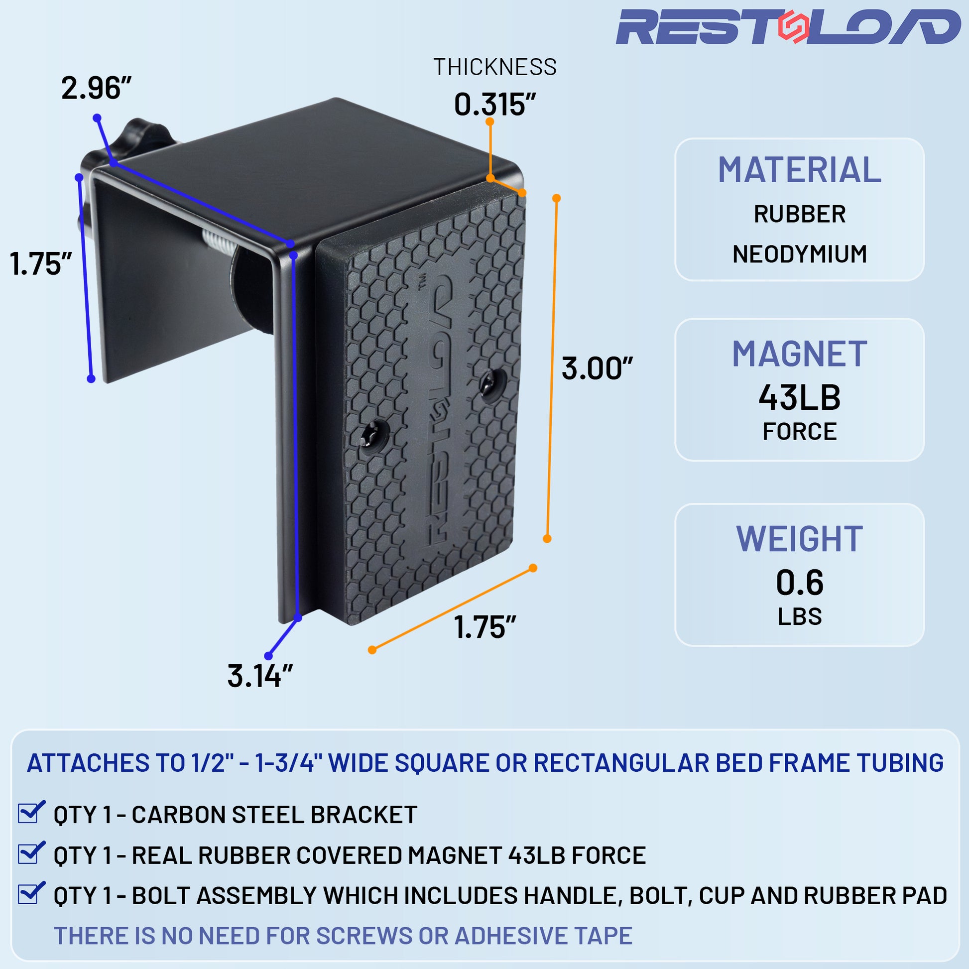 Detailed specifications of RESTNLOAD platform bed gun magnet mount with 43lbs magnetic force, rubber protection, and easy compression bolt assembly for secure bedside firearm storage.
