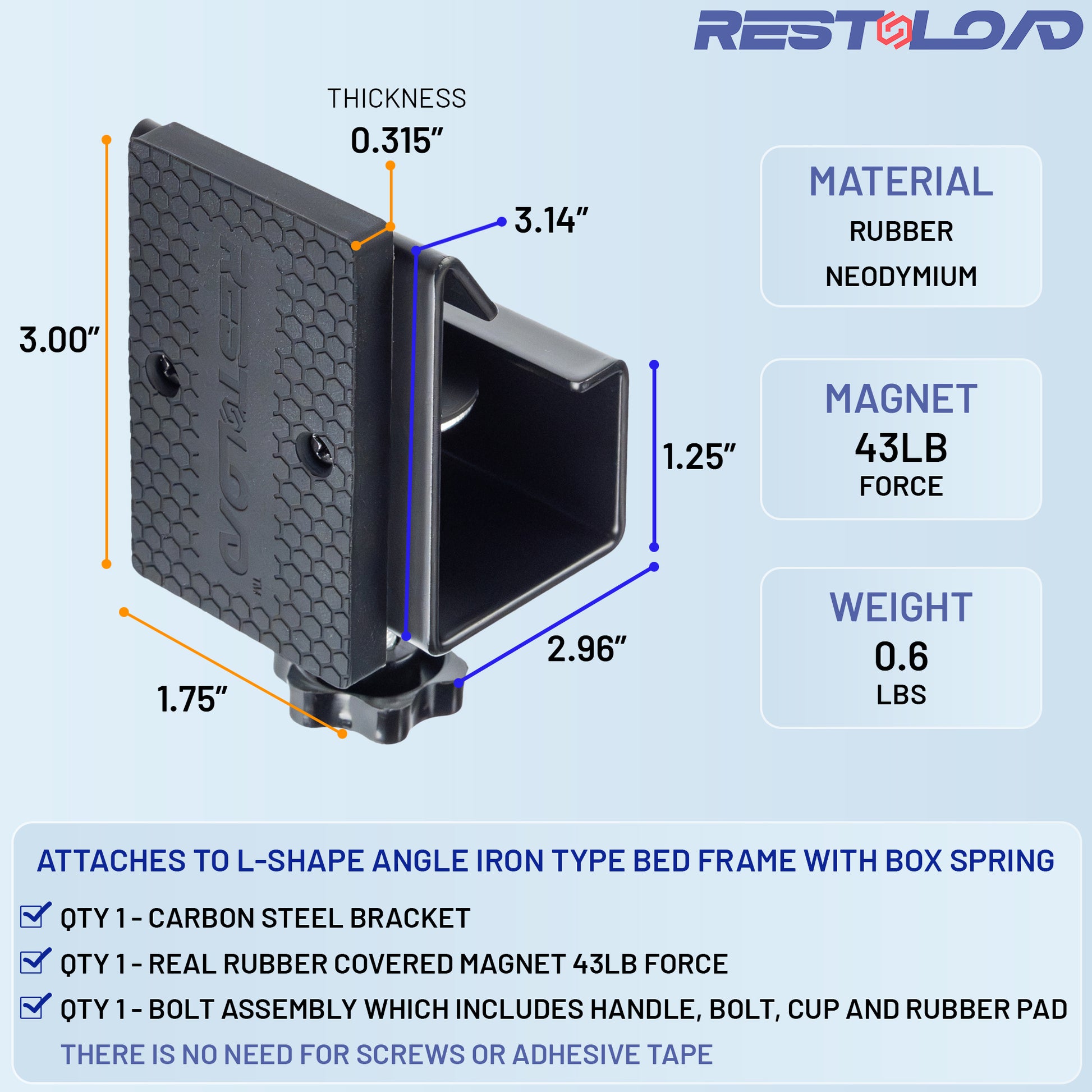 RESTNLOAD bedside gun holster magnet mount for standard bed frame showing key specifications like weight, material, magnet, surface grip, and rubber protection.