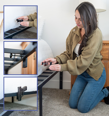 RESTNLOAD magnetic gun mount installed on platform bed frame for hidden firearm storage