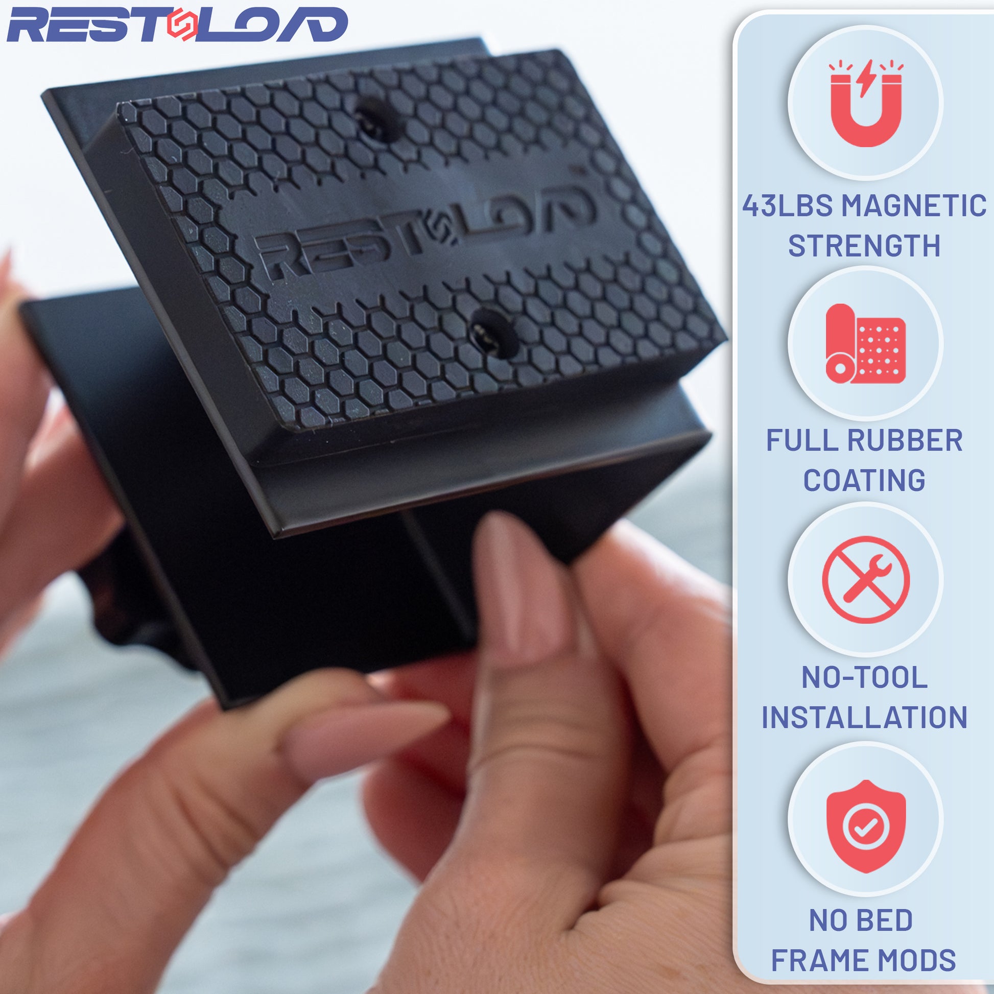 RESTNLOAD platform bed gun magnet showing key features and simple under-bed installation with hand-tightened compression bolt for secure and tool-free firearm mounting